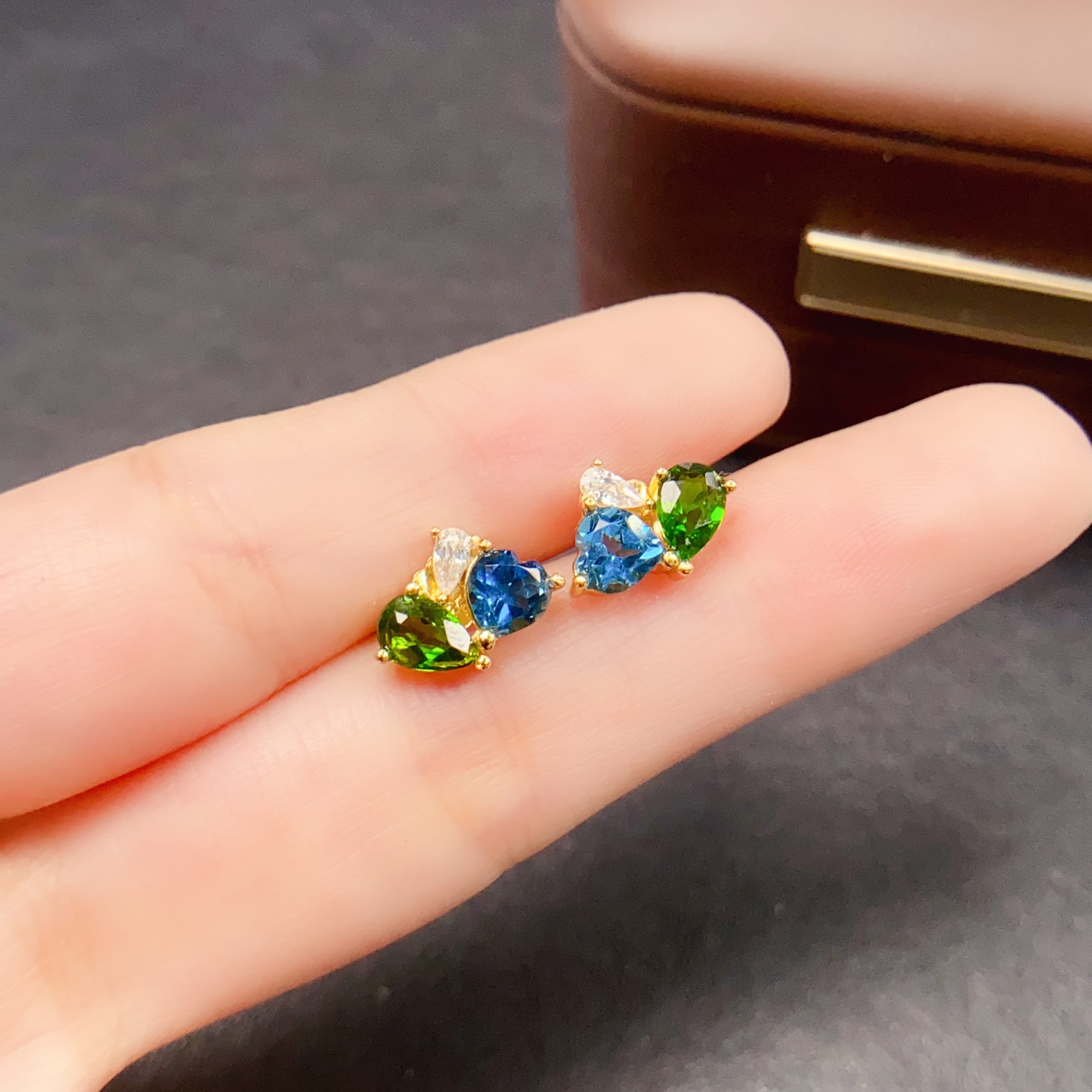 Multi Stone Diopside Heart Stud Earrings