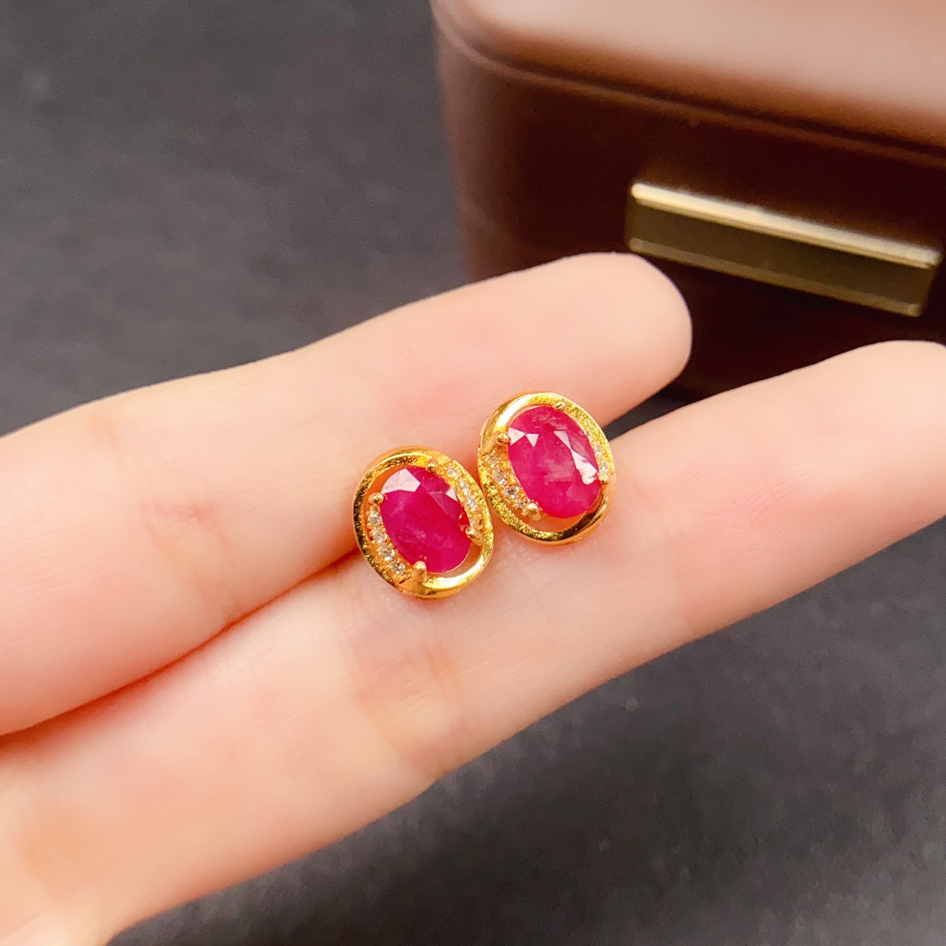 Red Ruby Gold Stud Earring