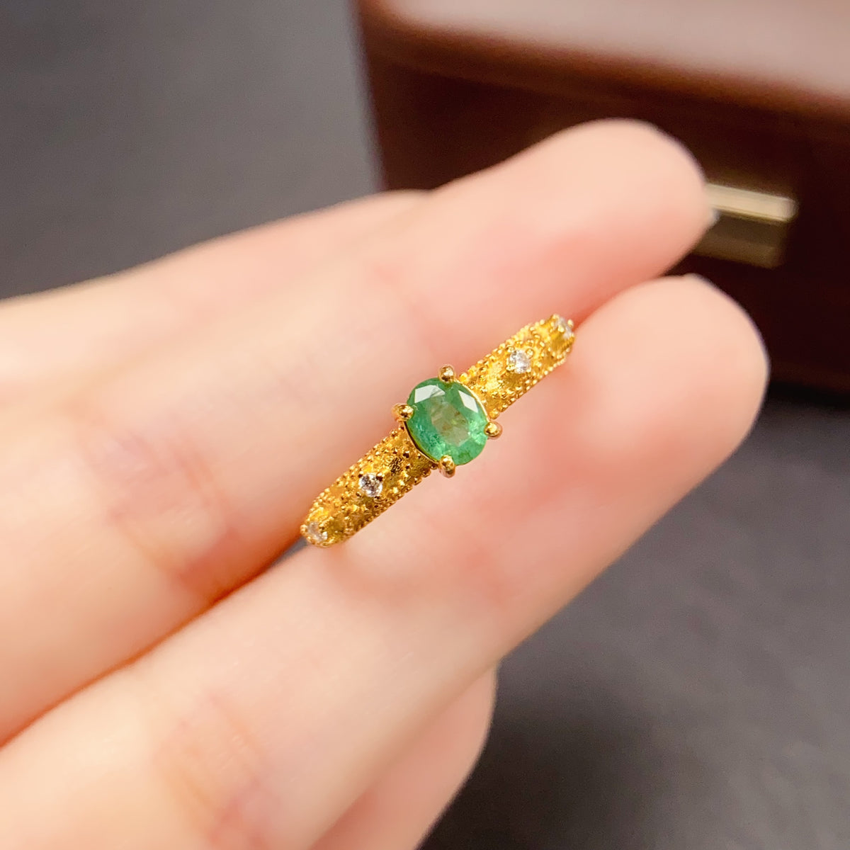 Brushed Emerald Thin Band Ring