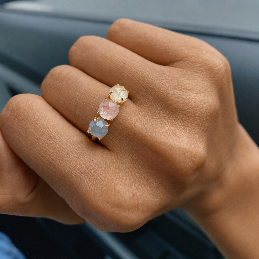 Pop Out Candy Rutilate Quartz Three Stone Ring