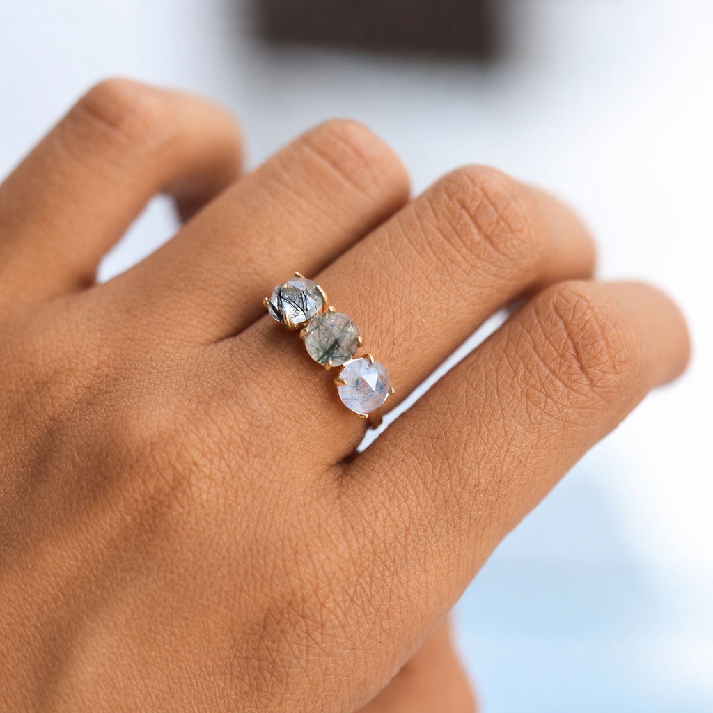 Pop Out Candy Rutilate Quartz Three Stone Ring