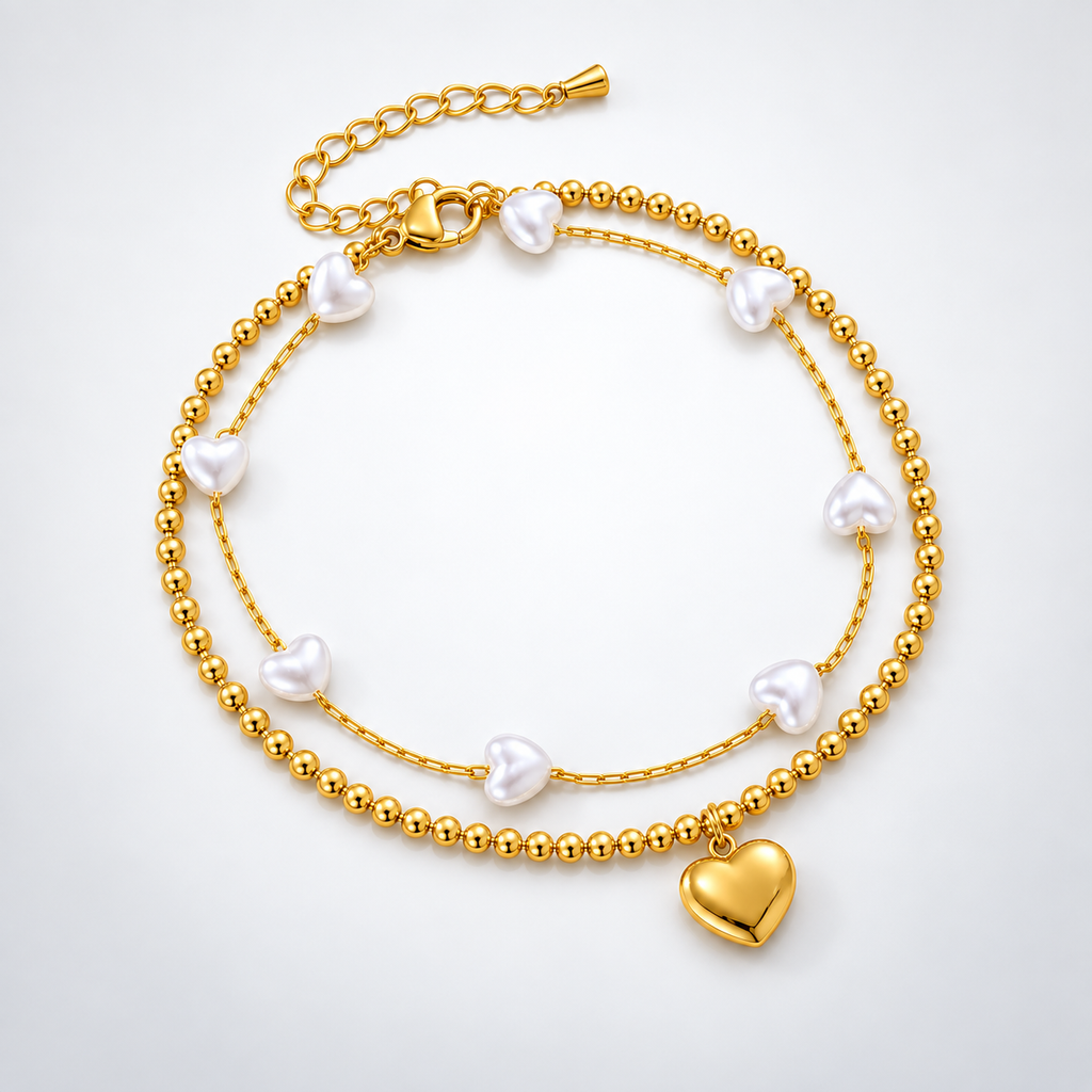 Layered Gold Heart Anklet Chain with Pearl Bead 