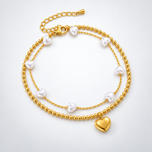 Layered Gold Heart Anklet Chain with Pearl Bead 