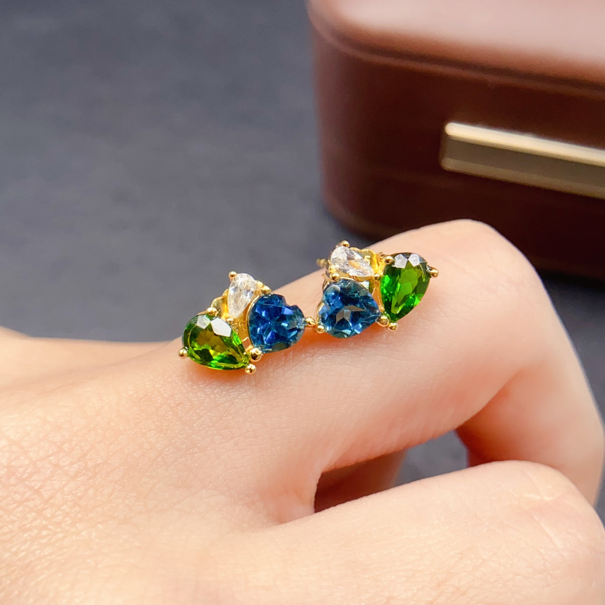 Multi Stone Diopside Heart Stud Earrings
