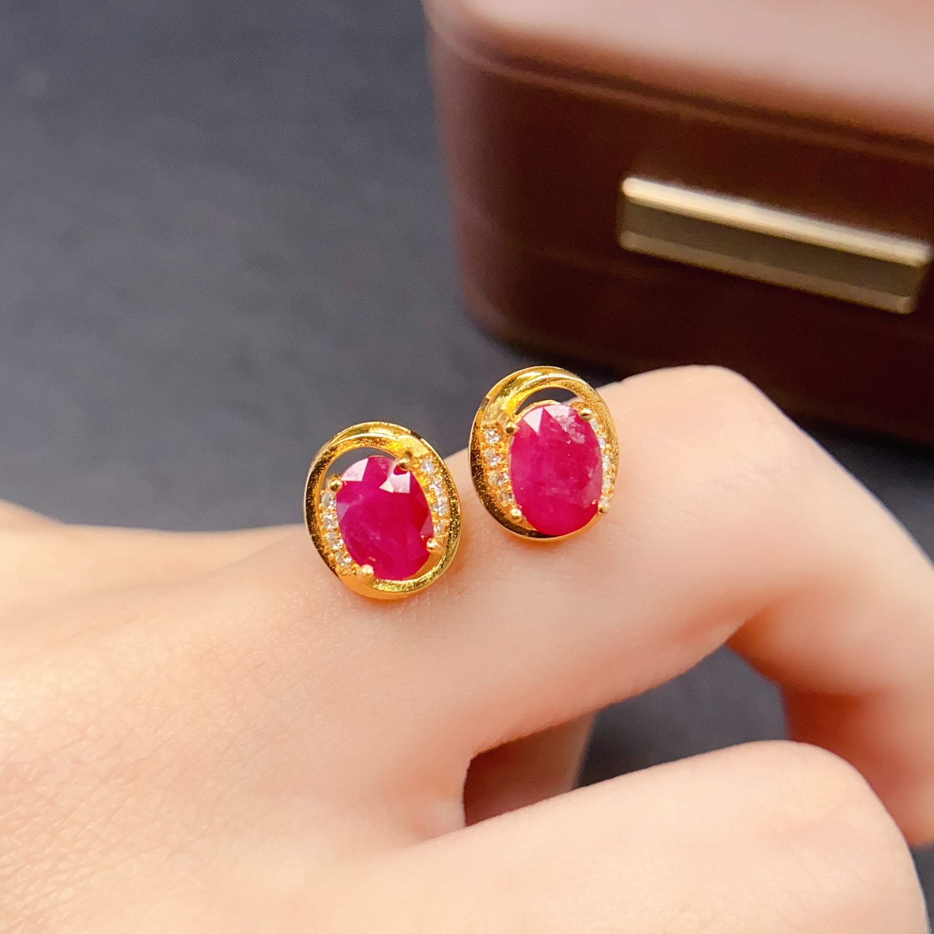 Red Ruby Gold Stud Earring