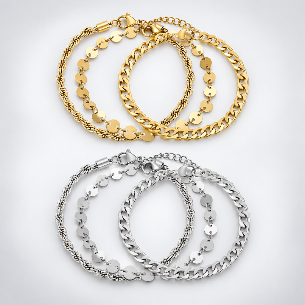 Surgical Steel Rope Cuban Chain Link Bracelet Set 