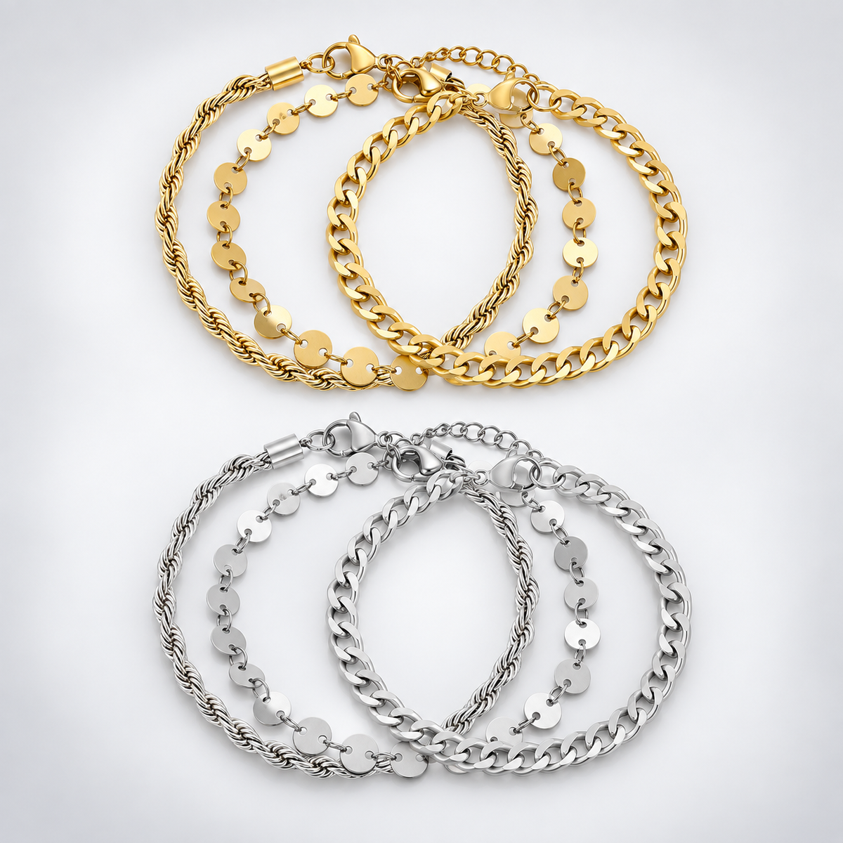 Surgical Steel Rope Cuban Chain Link Bracelet Set 