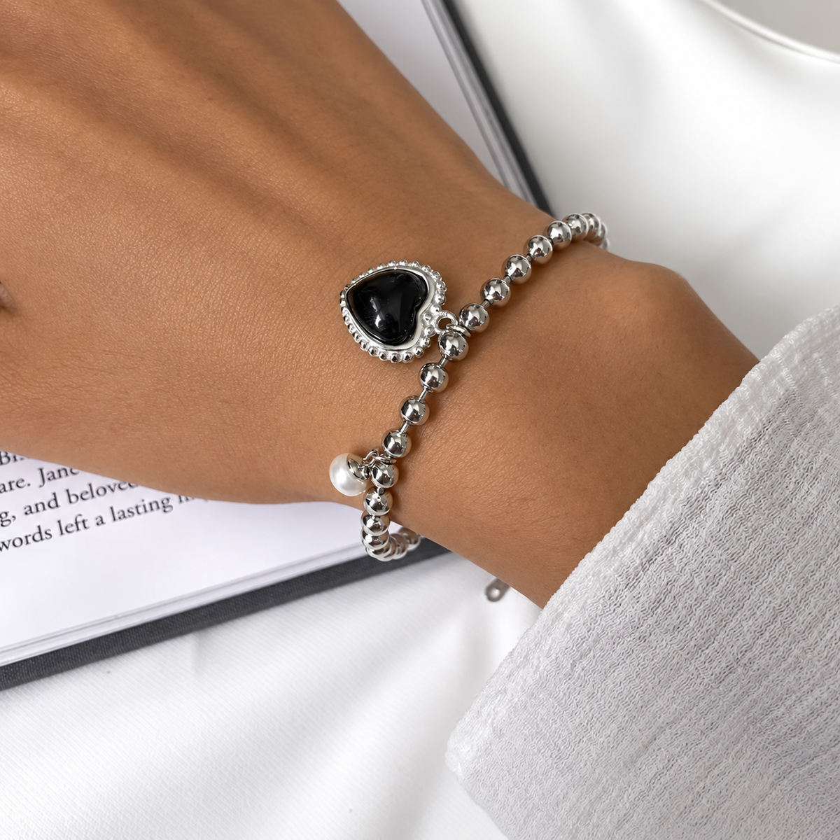 Silver Bead Black Puffed Heart Bracelets