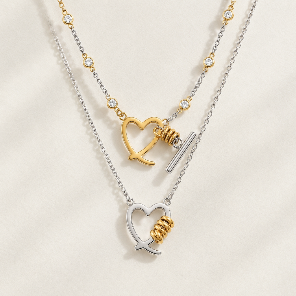 Two-Tone Love Knot Heart Lariat Necklace