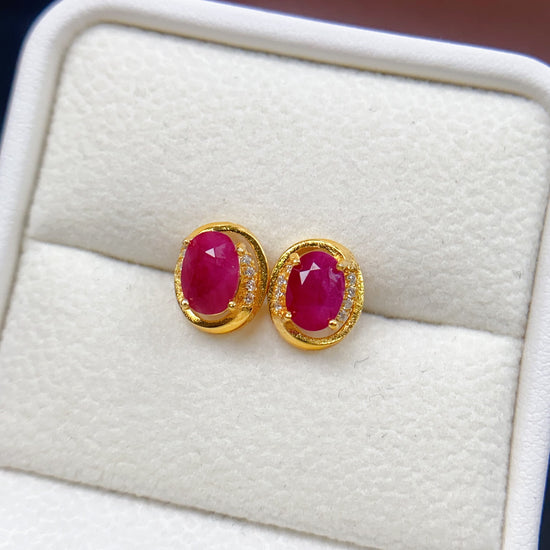 Red Ruby Gold Stud Earring