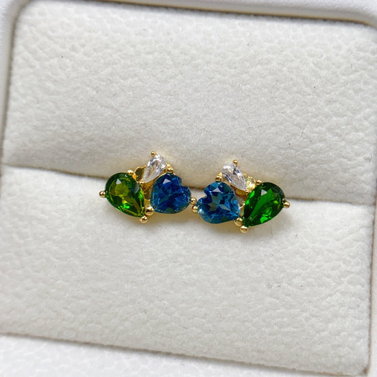 Multi Stone Diopside Heart Stud Earrings