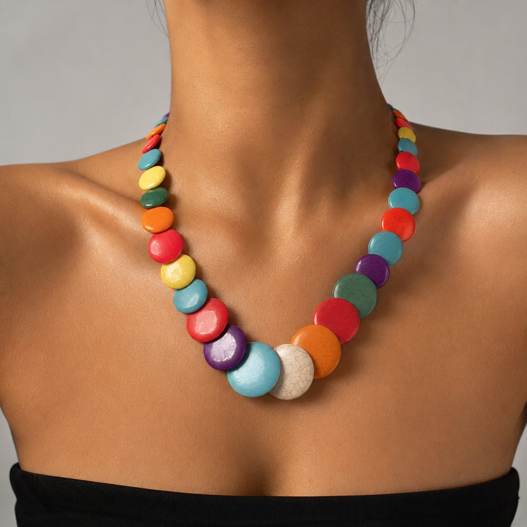 Rainbow Chess Statement Beads Necklace