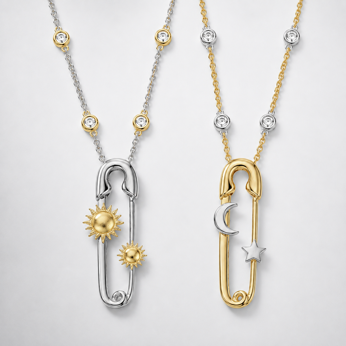 Celestial Safety Pin Sun Moon Necklace