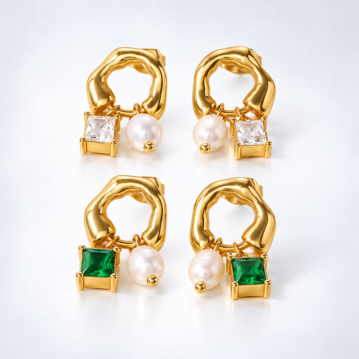 18K Gold Pearl Baguette Huggies Hoop Earrings