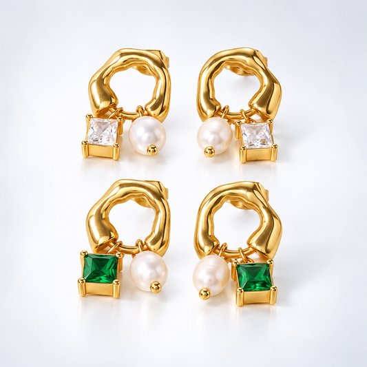 18K Gold Pearl Baguette Huggies Hoop Earrings