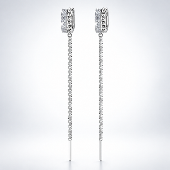 Silver Tassel Two Hole Link Chain Ear Cuff Earrings