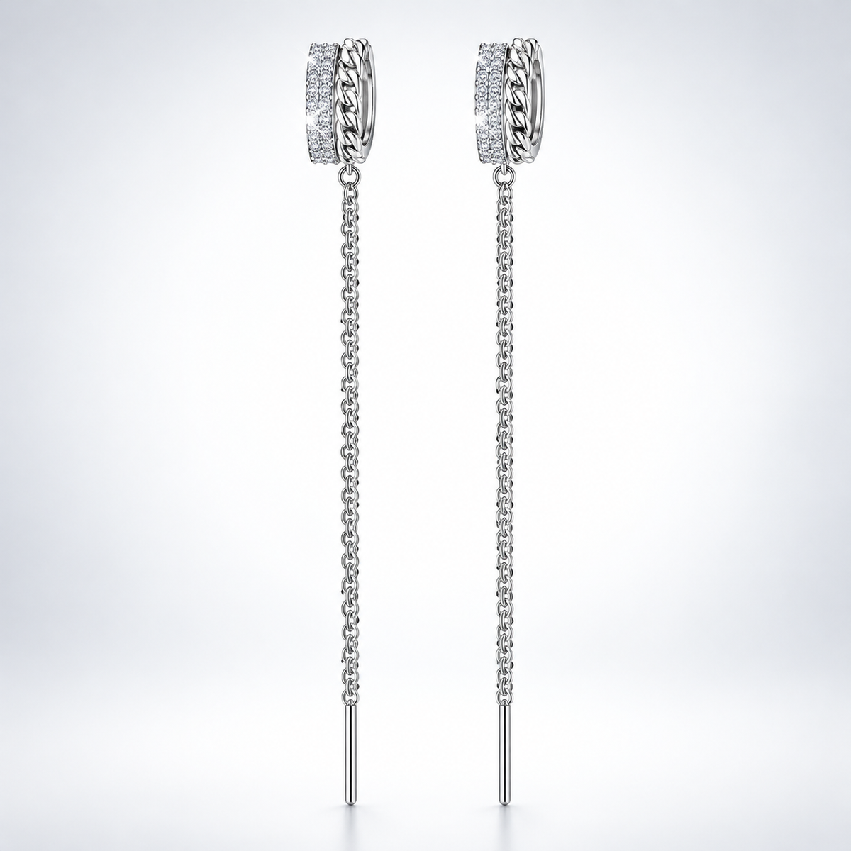 Silver Tassel Two Hole Link Chain Ear Cuff Earrings