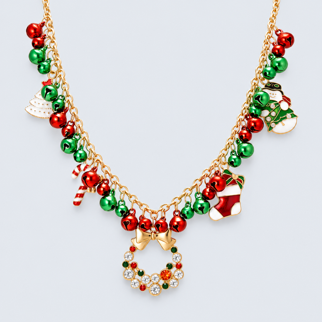Santa Jingle Bell Red Green Pendant Holiday Necklace