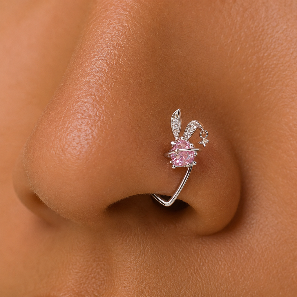Pink Bunny Heart Surgical Steel Navel Ring Nose Ring