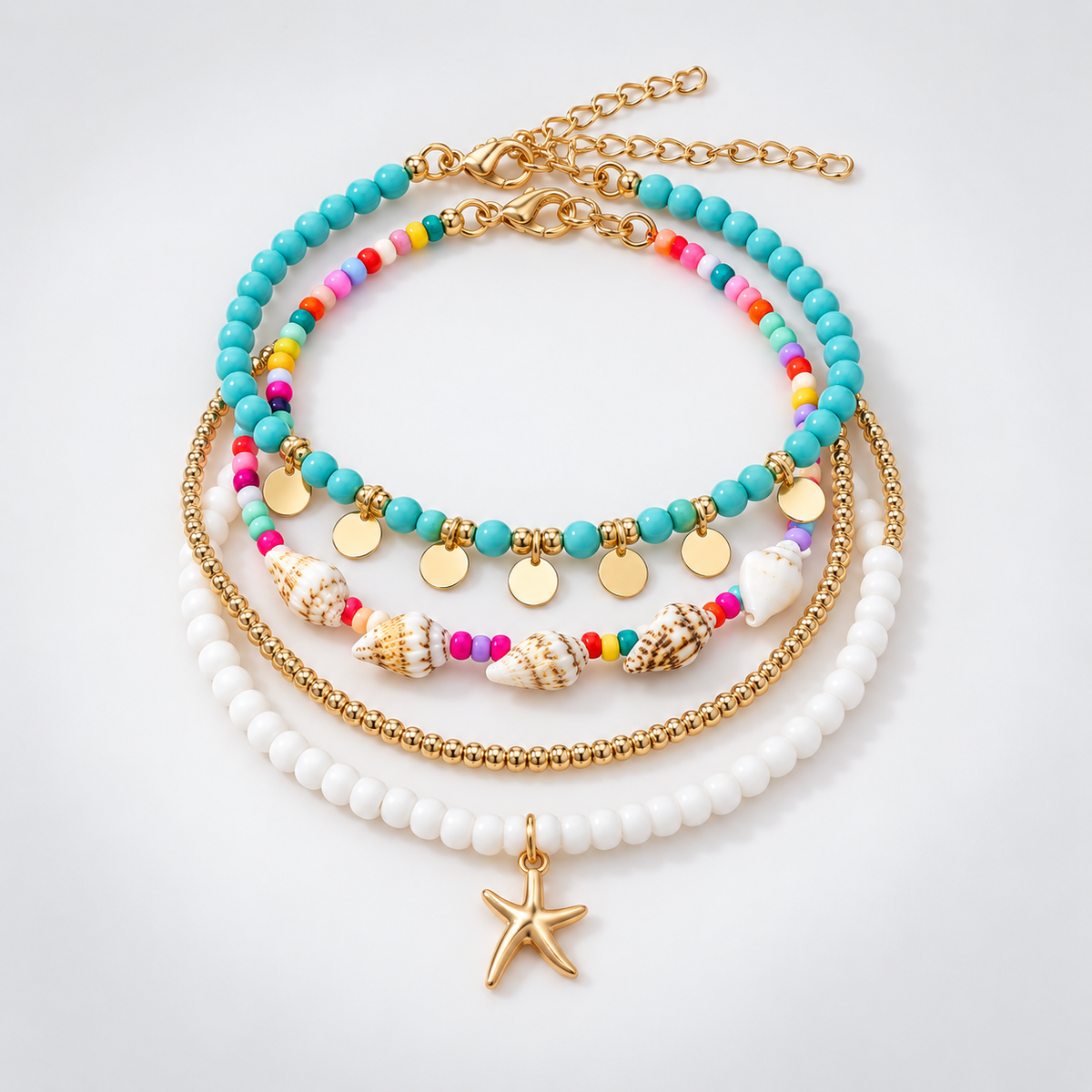 Conch Shell Layered Summer Beach Anklet Set 