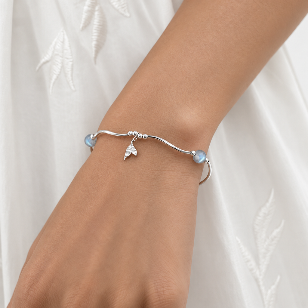 Whale Tail Simulated Moonstone Pearl Charm Bracelet