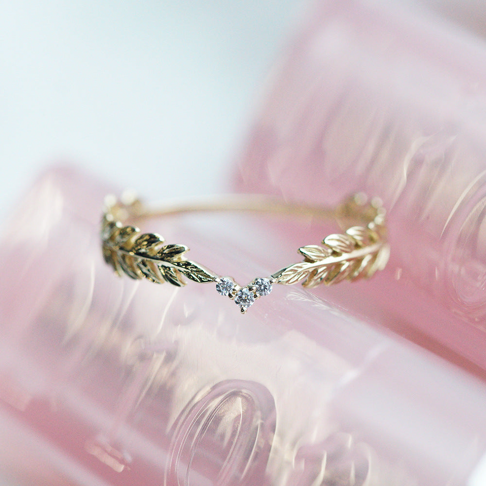 Dainty Gold Zircon Feather Leaf Ring