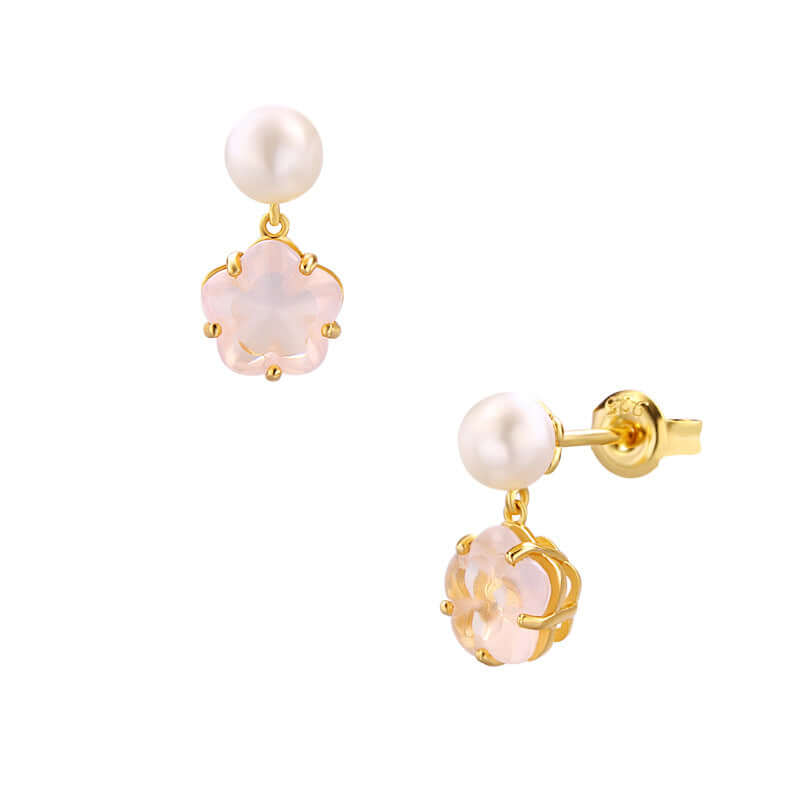 925 Silver Gold Vermeil Natural Rose Quartz Sakura Pearl Earrings | TB1459