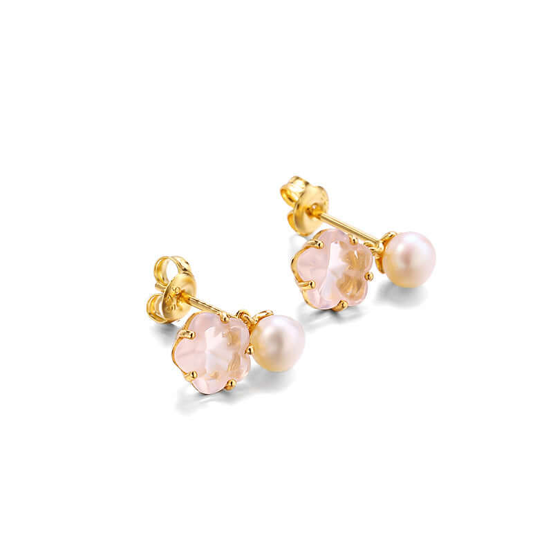 925 Silver Gold Flower Quartz Pearl Earrings