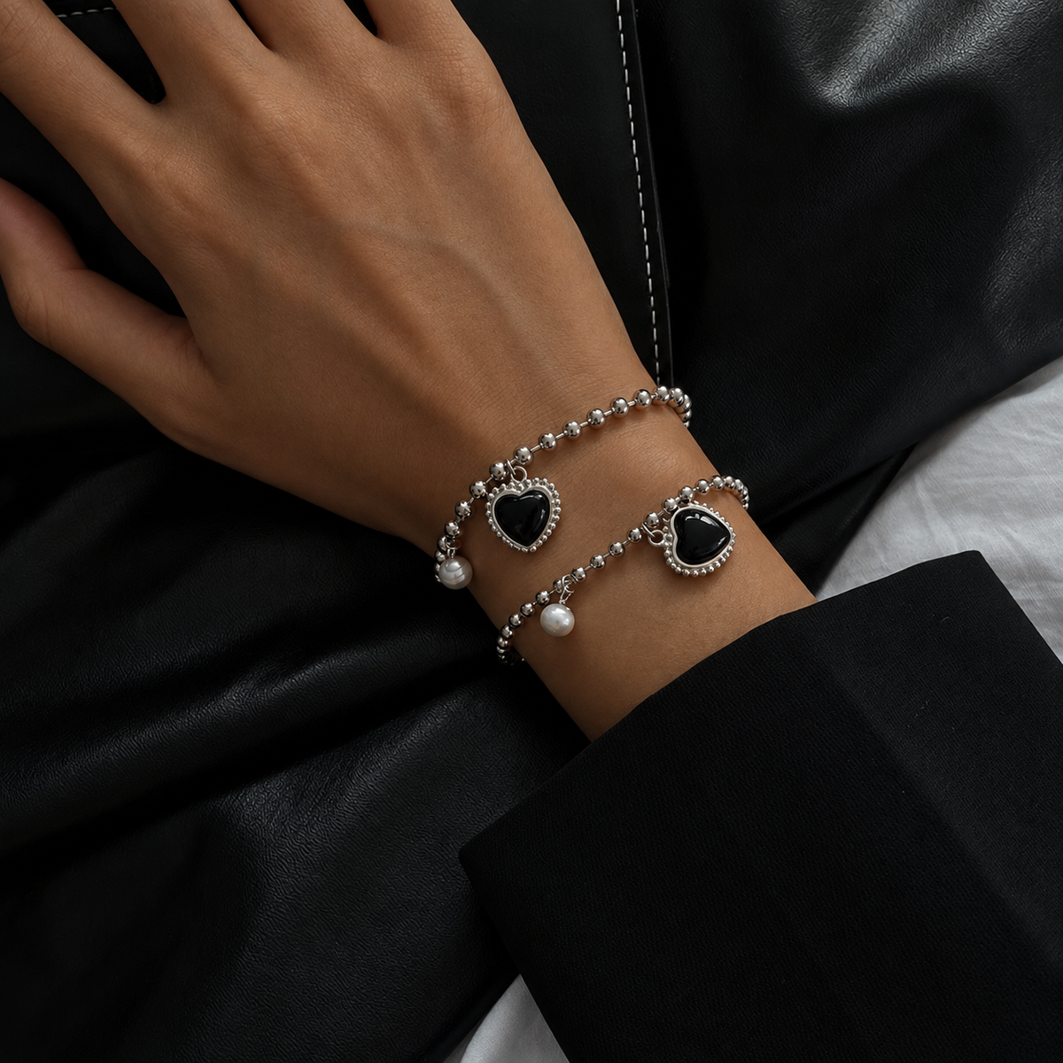 Silver Bead Black Puffed Heart Bracelets