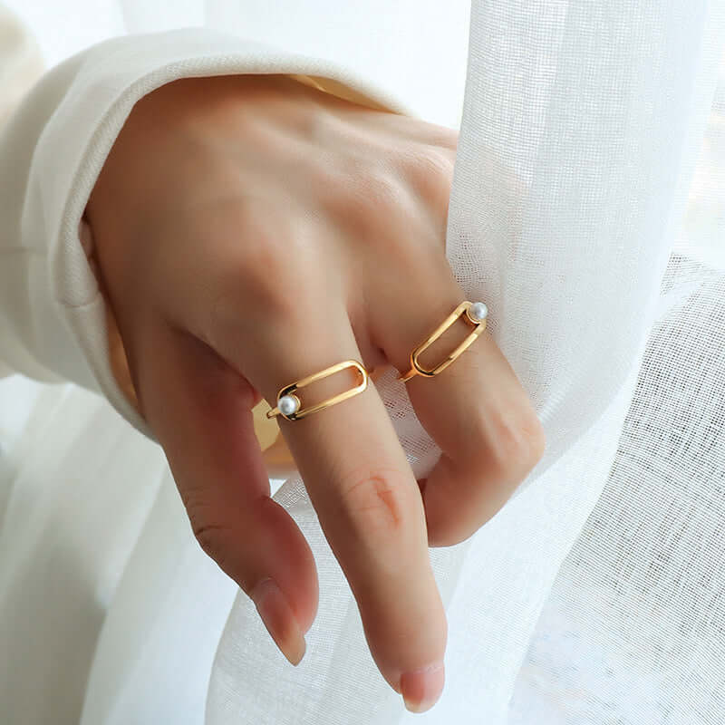 18K Gold Pearl Safety Pin Rings