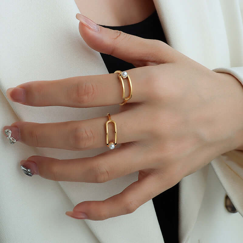 18K Gold Pearl Safety Pin Rings