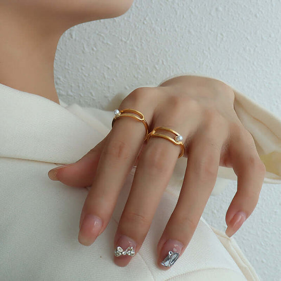 18K Gold Pearl Safety Pin Rings