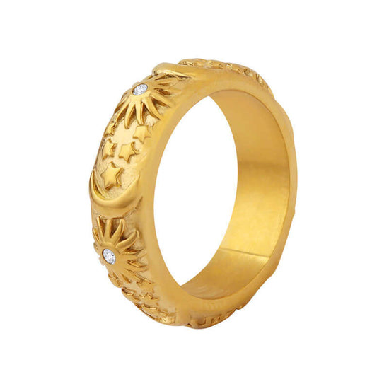 18K Vintage Gold 3D Carved Sun Moon Ring