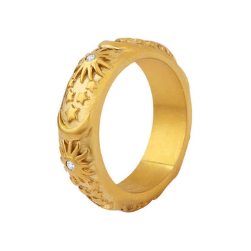 18K Vintage Gold 3D Carved Sun Moon Ring