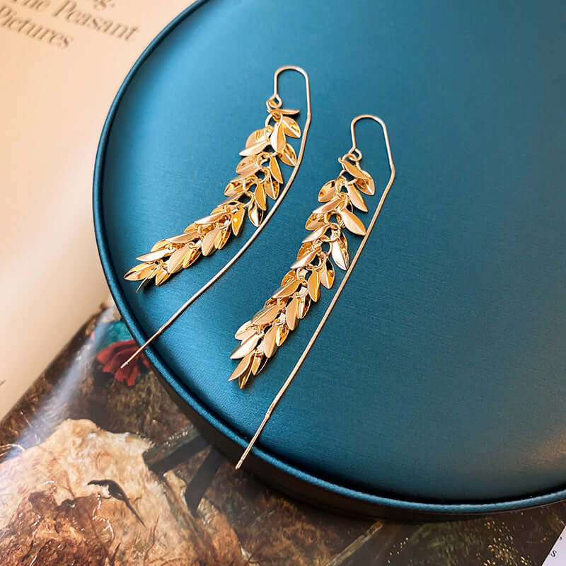 Gold Leaf Threader Earrings, Long Chain Earrings, Ear Threader