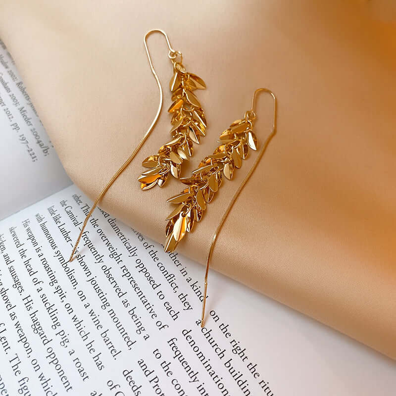 Gold Leaf Threader Earrings, Long Chain Earrings, Ear Threader