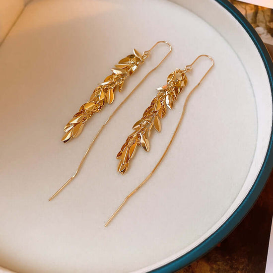 Gold Leaf Threader Earrings, Long Chain Earrings, Ear Threader