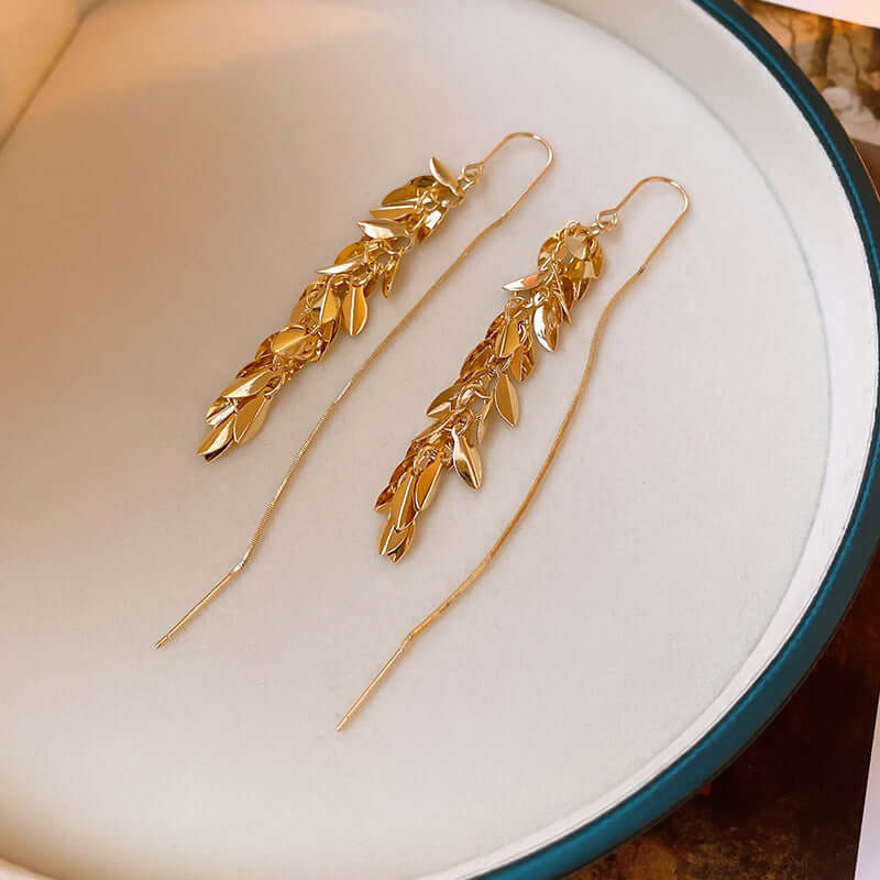 Gold Leaf Threader Earrings, Long Chain Earrings, Ear Threader