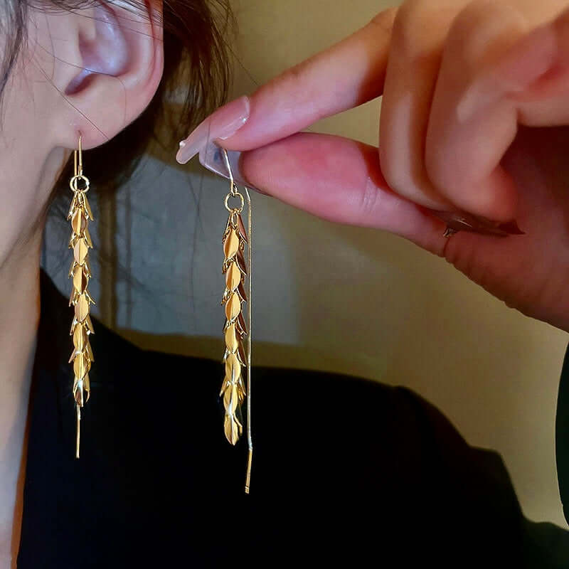 Gold Leaf Threader Earrings, Long Chain Earrings, Ear Threader