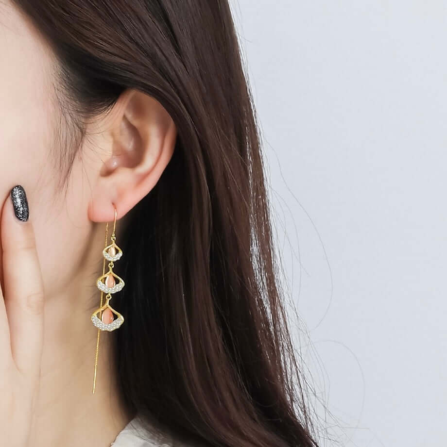 14K Gold Plated Ginkgo Leaf Huggie Earrings with Dangle Pearl | A8078