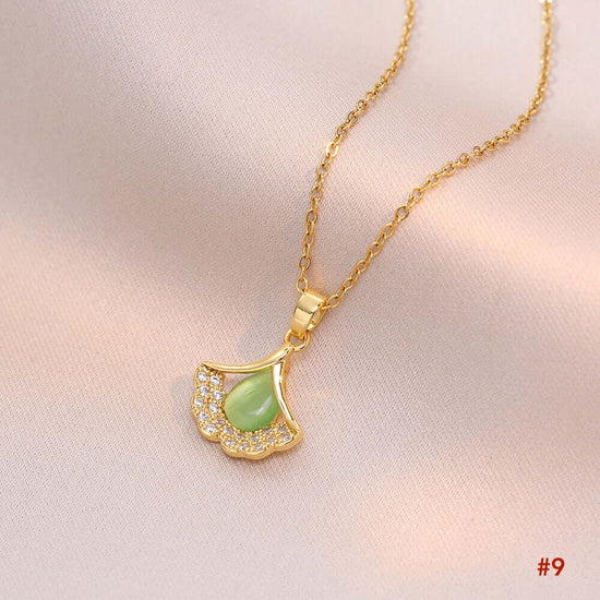 Titanium Minimalist Cat's Eye Stone Ginkgo Necklace