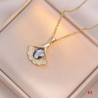 Titanium Minimalist Cat's Eye Stone Ginkgo Necklace | A8241