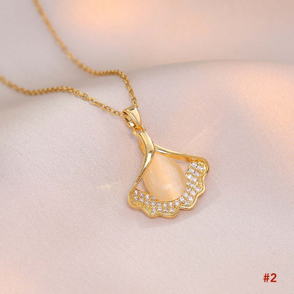 Titanium Minimalist Cat's Eye Stone Ginkgo Necklace