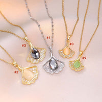 Titanium Minimalist Cat's Eye Stone Ginkgo Necklace