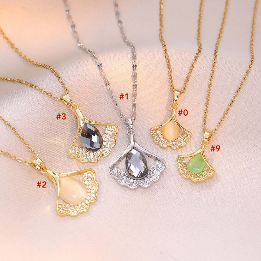 Titanium Minimalist Cat's Eye Stone Ginkgo Necklace