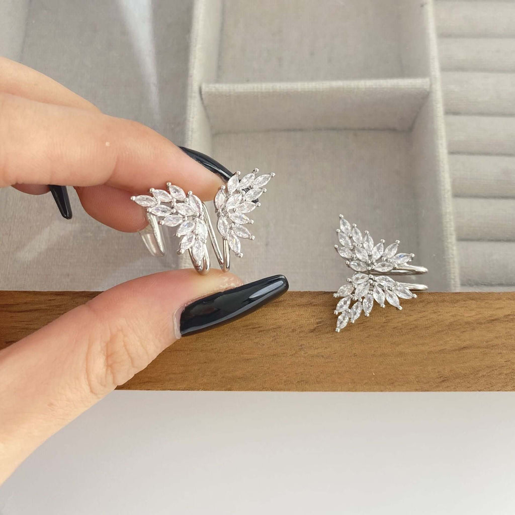 Sparkly CZ Butterfly Ear Cuff, White Gold Ear Climber, Angel Wing Studs
