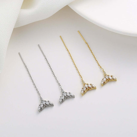 Silver Whale Tail Threader Earrings, Gold Chain Earrings, Mermaid Tail Earrings | A8449