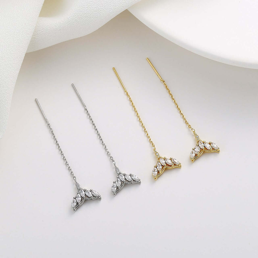 Silver Whale Tail Threader Earrings, Gold Chain Earrings, Mermaid Tail Earrings | A8449