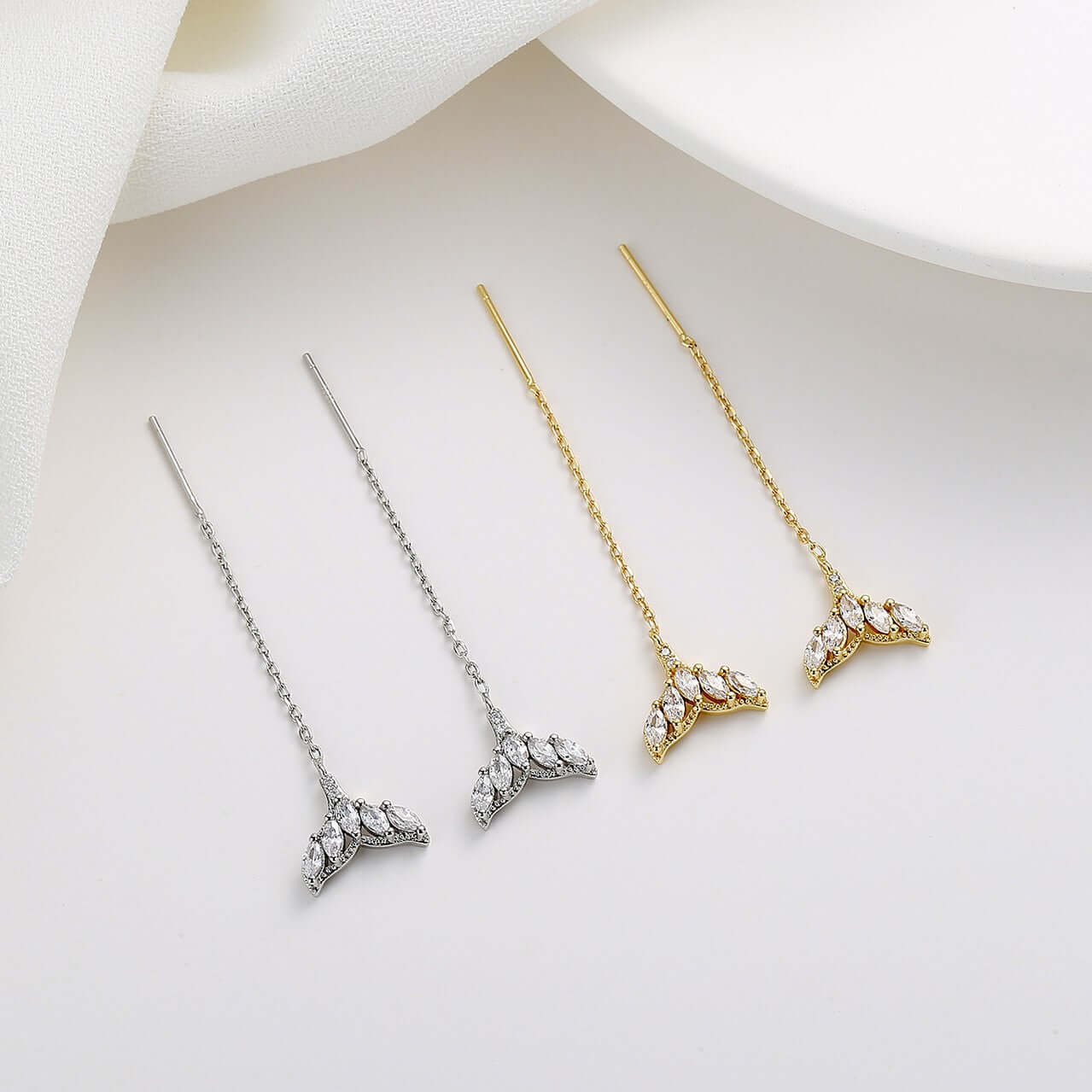 Silver Whale Tail Threader Earrings, Gold Chain Earrings, Mermaid Tail Earrings | A8449