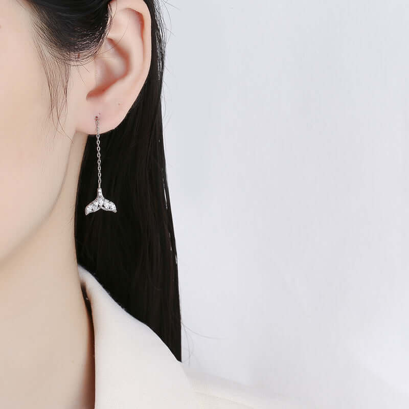 Silver Whale Tail Threader Earrings, Gold Chain Earrings, Mermaid Tail Earrings | A8449